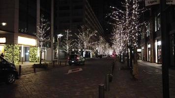 vista nocturna de la calle con una hermosa decoración de iluminación en un árbol en el área de ginza con algo de tráfico y peatones video