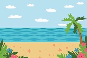 paisaje de verano de mar, playa y palmeras en estilo plano. fondo de banner para el diseño. viaje de vacaciones. flores, hojas tropicales, estrellas de mar, lugar para texto, espacio de copia vector