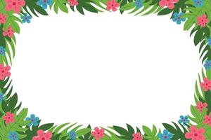 hojas tropicales y flores de estilo plano. banner de marco de borde de plantilla, tarjeta, póster, verano, vacaciones, espacio de copia, lugar para texto vector