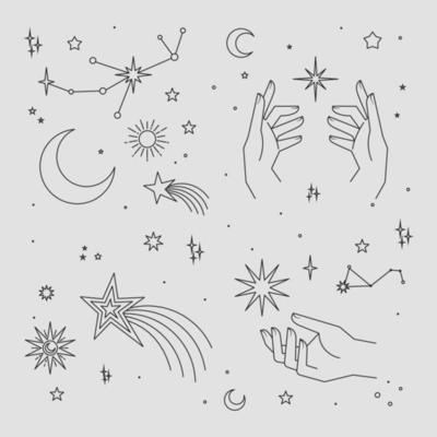 Astral stars linear icons. Mystic symbols, hands, planets, suns and moons.