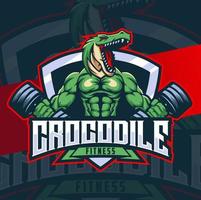 crocodile fitness mascot character design with muscle badge and barbell vector