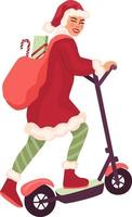 Cute female Santa with Christmas gifts riding a kick scooter. Colourful vector illustration isolated on white background.