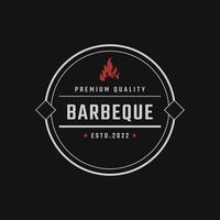 Vintage Retro Badge Emblem Rustic Stamp with Fire Flame for Traditional BBQ Barbecue Logo Design Linear Style vector