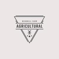 Vintage Retro Badge Emblem Agricultural Windmill Bakery Organic Wheat Logo Design Linear Style. Monochrome Countryside Alternative Power Wind Mill Energy Ecology Rural Production Mark vector