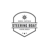 Vintage Retro Badge Emblem Steering Wheel Captain Boat Ship Yacht Compass Transport Logo Design Linear Style vector