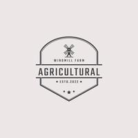 Vintage Retro Badge Emblem Agricultural Windmill Bakery Organic Wheat Logo Design Linear Style. Monochrome Countryside Alternative Power Wind Mill Energy Ecology Rural Production Mark vector