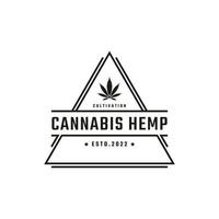 emblema de insignia retro vintage cannabis marihuana cáñamo rectángulo diseño de logotipo estilo lineal vector