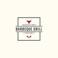 Vintage Retro Badge Emblem Rustic BBQ Grill Barbecue, Barbeque Label Stamp Logo Design Linear Style vector