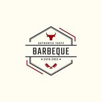 Vintage Retro Badge Emblem Rustic BBQ Grill Barbecue, Barbeque Label Stamp Logo Design Linear Style vector