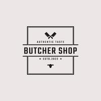 Vintage Retro Badge Emblem Crossed Cleaver Knife with Angus Head for Butcher shop Logo Design Linear Style vector