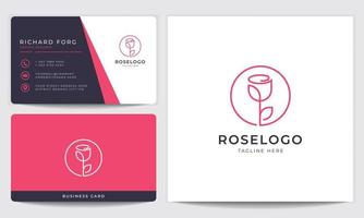 flor de rosa de belleza en el logotipo de estilo de arte lineal y diseño de tarjeta de visita para moda, cosmética, salón, spa y bienestar vector
