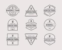 Vintage Retro Badge Emblem Agricultural Windmill Bakery Organic Wheat Logo Design Linear Style. Monochrome Countryside Alternative Power Wind Mill Energy Ecology Rural Production Mark