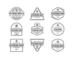 Vintage Retro Badge Emblem Steering Wheel Captain Boat Ship Yacht Compass Transport Logo Design Linear Style vector