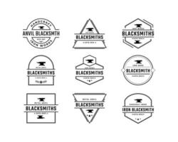 Vintage Retro Badge Emblem Blacksmith Metal Work, Handcraft, Forge Art, Anvil, Iron Works Logo Design Linear Style vector