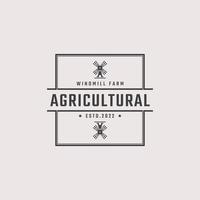 Vintage Retro Badge Emblem Agricultural Windmill Bakery Organic Wheat Logo Design Linear Style. Monochrome Countryside Alternative Power Wind Mill Energy Ecology Rural Production Mark vector