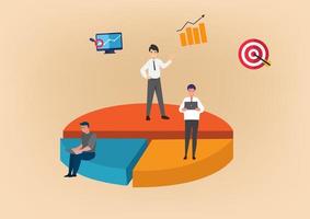 Businessman standing on a large pie chart showing share, shareholding and equity interests. Vector illustration.