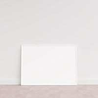 Empty picture frame on wooden floor leaning against wall. Blank poster frame standing on wooden floor. Blank poster frame mockup. Empty picture frame mockup. 3d rendering. photo