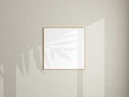 Photo frame mockup hanging on white wall. Minimalist background. Blank picture frame mockup in living room. Poster mockup. Clean, modern, minimal frame. 3d rendering.