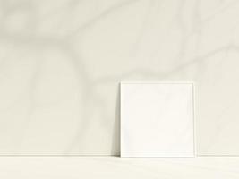 Interior poster mockup with photo frame leaning against the white wall. Minimalist photo frame mockup with shadow. Empty frame stands on white floor. 3d rendering.