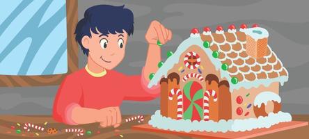 Boy Building Gingerbread House vector