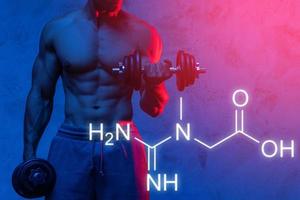 Creatine formula and muscular bodybuilder in neon light photo