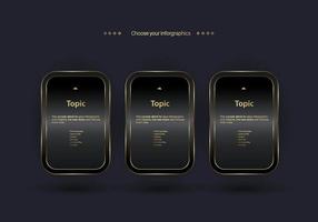 Three premium buttons, options, steps, workflows vector for work plans and options design on dark background.