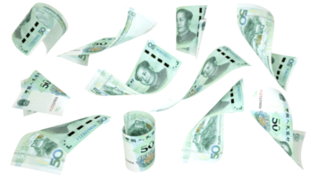 3D rendering of 50 Chinese yuan notes flying in different angles and orientations isolated on transparent background png