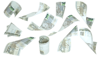 3D rendering of 200 Brazilian real notes flying in different angles and orientations isolated on transparent background png