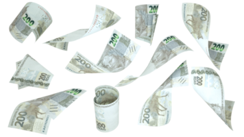 3D rendering of 200 Brazilian real notes flying in different angles and orientations isolated on transparent background png