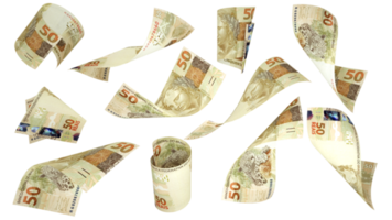 3D rendering of 50 Brazilian real notes flying in different angles and orientations isolated on transparent background png