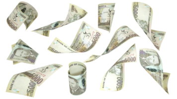 3D rendering of 5000 Jamaican dollar notes flying in different angles and orientations isolated on transparent background png