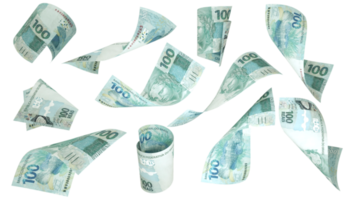 3D rendering of 100 Brazilian real notes flying in different angles and orientations isolated on transparent background png