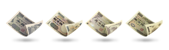 conjunto de denominaciones de billetes de yen japonés. ilustración 3d png