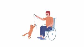 patient animé avec un personnage pour animaux de compagnie. homme handicapé avec chat. personne plate de tout le corps sur fond blanc avec transparence du canal alpha. séquences vidéo hd de style dessin animé coloré pour l'animation video