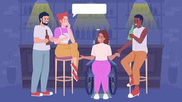 Animated friends in pub illustration. Young people resting in bar. Life with disability. Looped flat color 2D cartoon characters animation video in HD with nightclub on transparent background