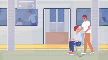 Animated disability illustration. Woman in wheelchair with friend at subway station. Looped flat color 2D cartoon characters animation video in HD with train on transparent background