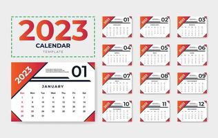 diseño de calendario 2023, plantilla de calendario 2023, diseño de calendario de 12 páginas 2023, diseño de calendario de escritorio 2023 vector