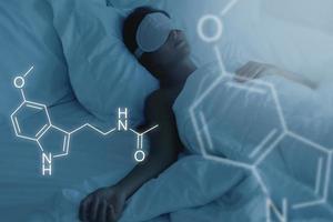 Melatonin formula and sleeping woman during the night photo