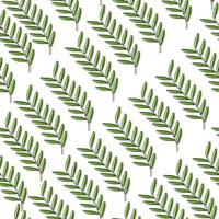 Botanical seamless pattern of green doodle twigs with leaves arranged in diagonal rows on a white background vector