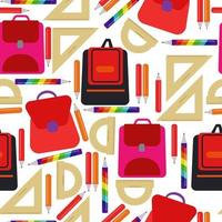 Seamless pattern of school backpacks, rulers and pencils in red shades on a white background vector