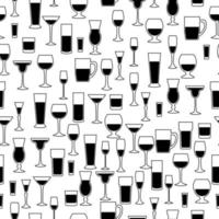 Glasses and mugs for various alcoholic drinks seamless pattern, silhouettes of glasses of various shapes and sizes on a white background vector