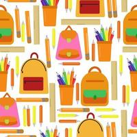 Seamless pattern of school backpacks, rulers and pencils in orange shades on a white background vector