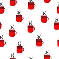 patrón sin costuras de bebida caliente, taza roja brillante con un patrón acogedor sobre un fondo blanco vector