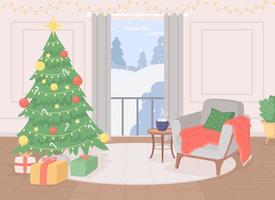 Christmas cozy aesthetic flat color vector illustration. Holiday time. Drinking hot chocolate with marshmallows. Fully editable 2D simple cartoon interior with Xmas scenery in window on background