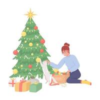 chica que mantiene al gato alejado de jugar con los personajes vectoriales de color semiplano del árbol de navidad. persona de cuerpo completo editable en blanco. ilustración de estilo de dibujos animados simple para diseño gráfico web y animación vector