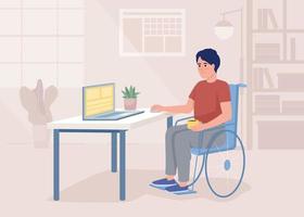 Man in wheelchair working on computer flat color vector illustration. Freelancer in home office. Job abilities on internet. Fully editable 2D simple cartoon interior with workplace on background