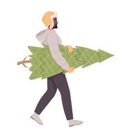 Adult man walking home with real Christmas tree semi flat color vector character. Editable figure. Full body person on white. Simple cartoon style illustration for web graphic design and animation