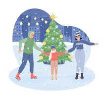 patinaje sobre hielo con la ilustración aislada del vector familiar 2d. personajes planos de recreación de vacaciones en el fondo de dibujos animados. escena editable colorida de Navidad para móvil, sitio web, presentación