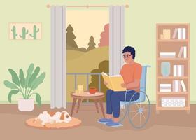 hombre con discapacidad leyendo ilustración de vector de color plano. afición y vida doméstica. chico en silla de ruedas en casa. interior de dibujos animados simple 2d completamente editable con sala de estar en el fondo