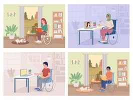 Life with disability flat color vector illustrations set. Resting and working at home. Inclusion benefits. Fully editable 2D simple cartoon interiors collection with living rooms on background